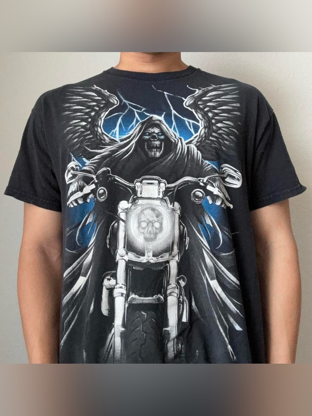 Vintage 2000s Grim Reaper Motorcycle AOP Graphics Black Tee Shirt